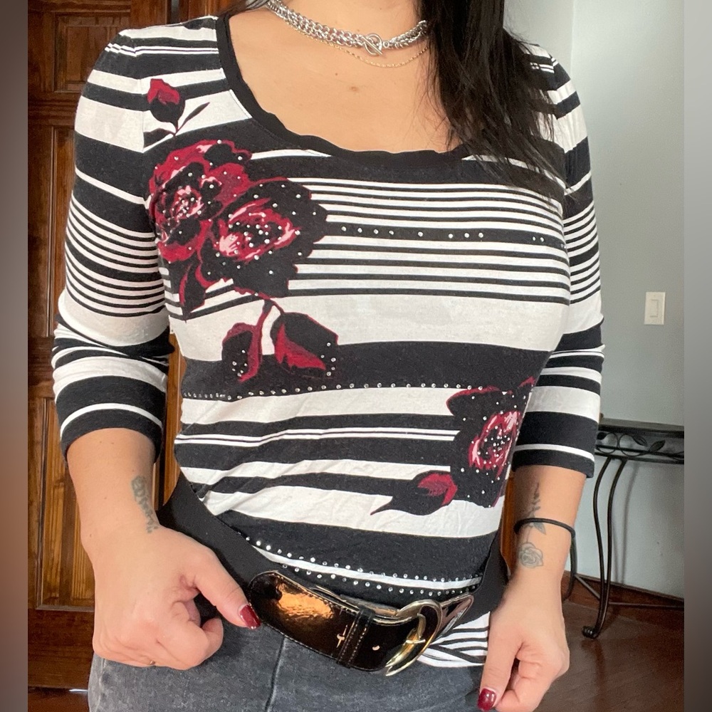 White House Black Market Black and White Striped Top with Red Floral Accents